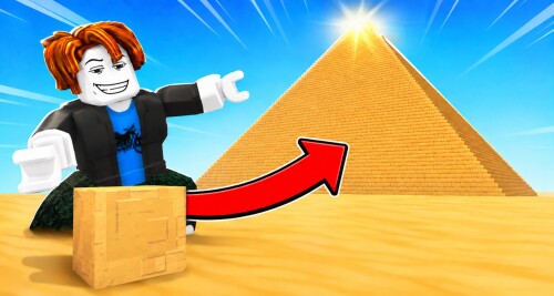 Official Build the Pyramid! game artwork: a Roblox avatar carrying a stone toward a golden pyramid